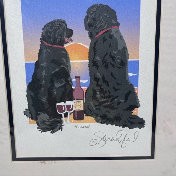 Matted Newfoundland Dogs Red Wine Beach Sunset Art Print - Picture 4 of 8